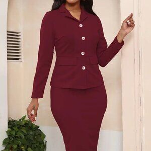 Two-Piece Suit Lapel Blazer and Fitted Skirt (Color: Burgundy)